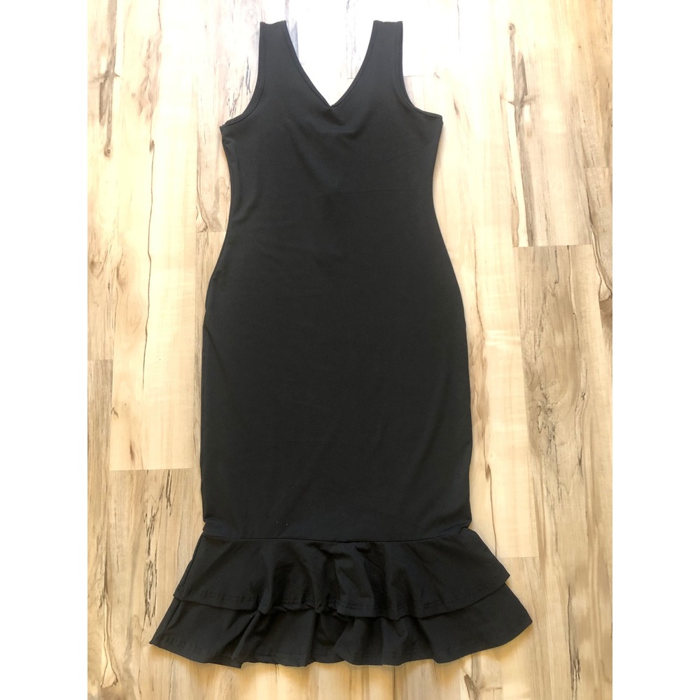 Unbranded Black V-Neck Ruffle Mermaid Hem Bodycon Midi Dress Gold Zipper Large
